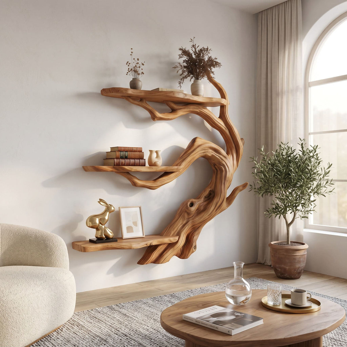 Japandi-Bonsai-Astregal zur Wandmontage aus Massivholz, mit Keramik gestylt in einem minimalistischen Wohnzimmer