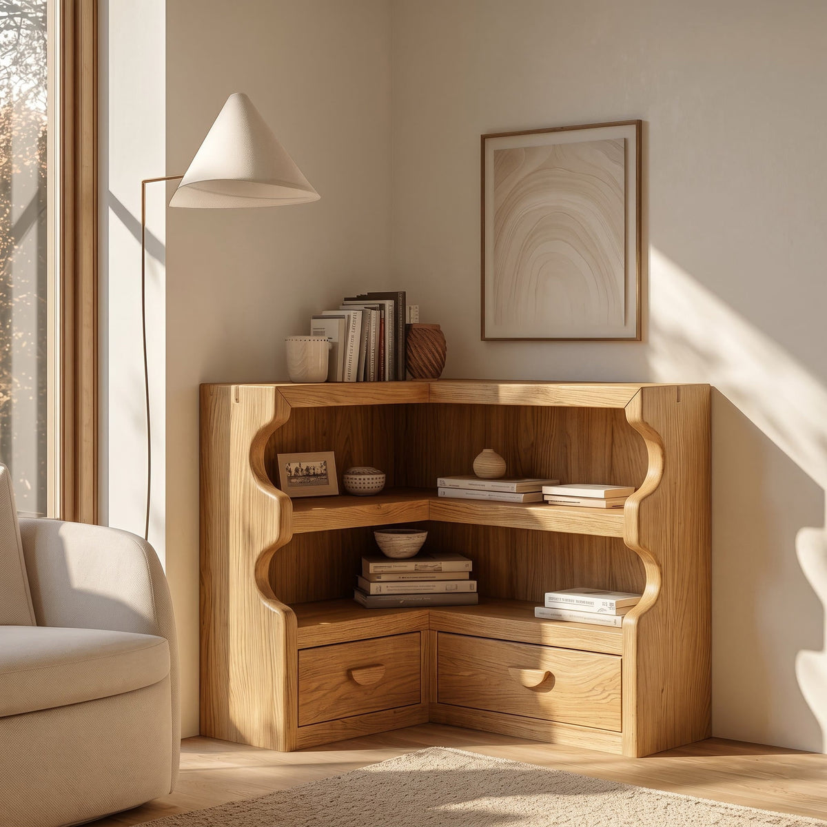 Japandi-Eckbücherregal mit Bogenkante aus Massivholz