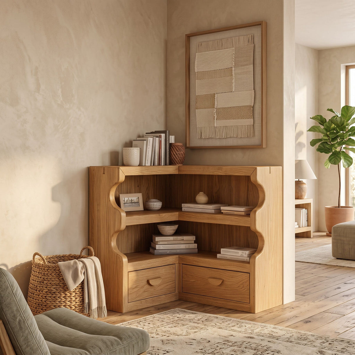 Japandi-Eckbücherregal mit Bogenkante aus Massivholz in einem zeitgenössischen Wohnzimmer