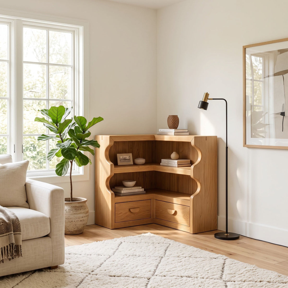 Skulpturales Sideboard mit Bogenkante aus Massivholz, das einen Japandi-Wohnbereich aufwertet