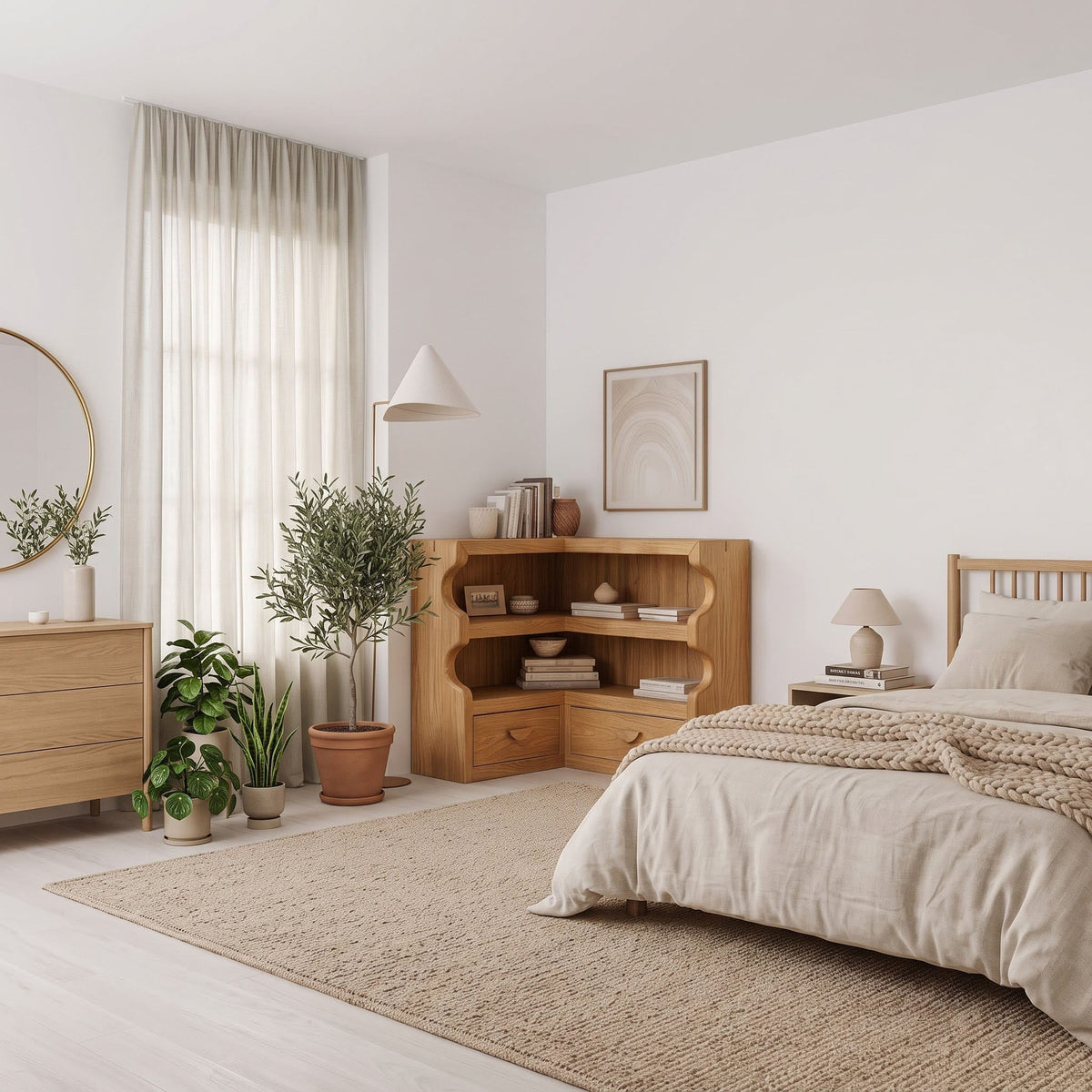 Organisches Eckbücherregal aus Massivholz mit niedrigem Präsentationsstauraum in einem modernen Schlafzimmer