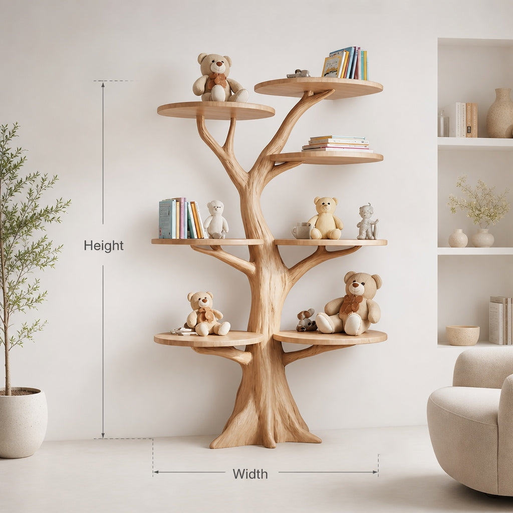 Baum-Bücherregal in der Babyzimmerecke neben einem Fenster mit Plüschtieren und Büchern