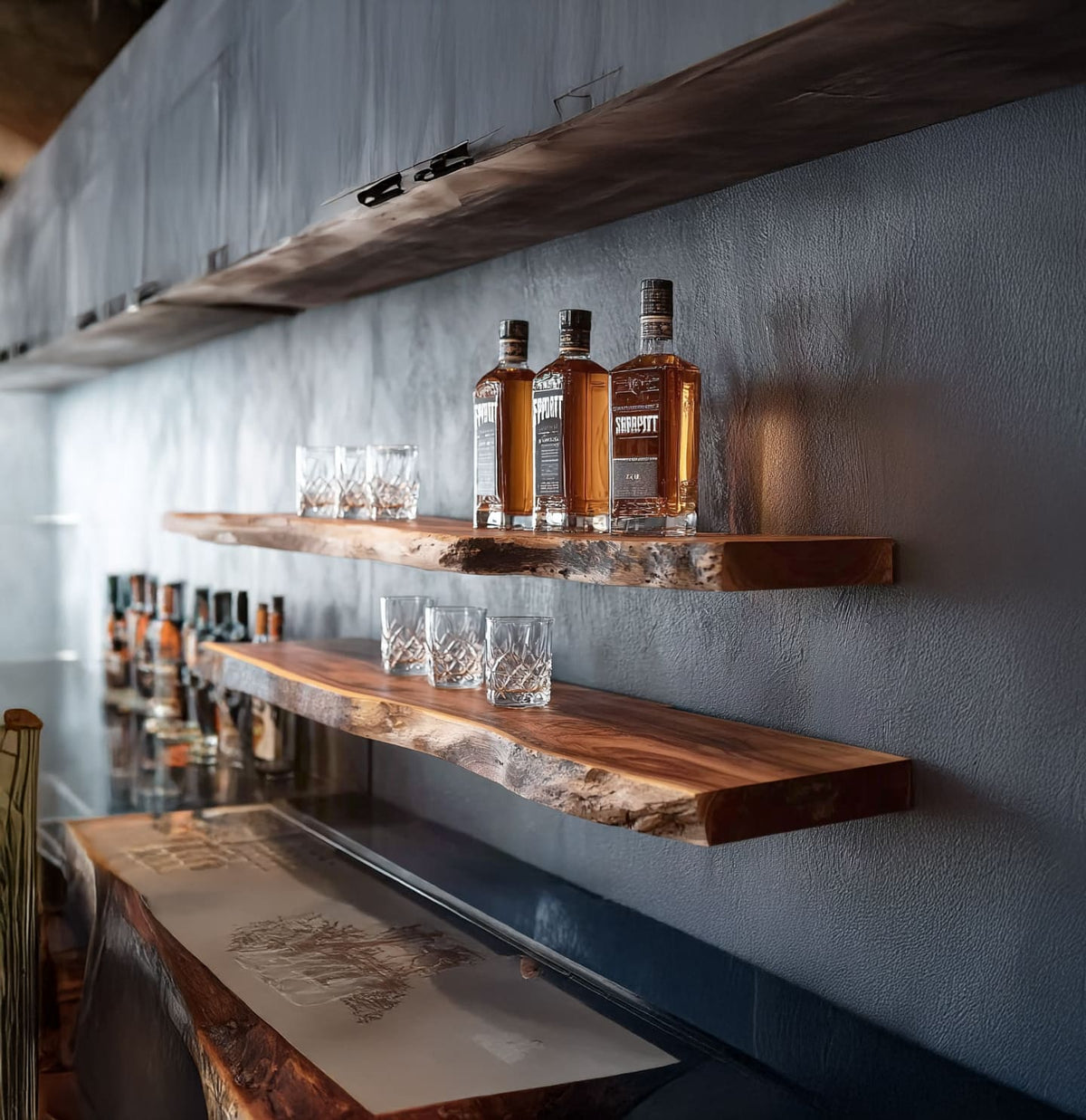 Schwebendes Baumkanten-Barregal aus Massivholz in einer modernen Hausbar