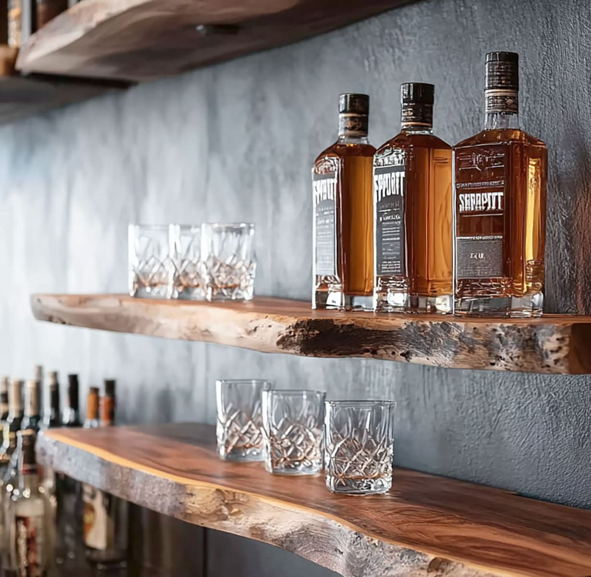 Rustikales Baumkanten-Whisky-Schauregal aus Naturhartholz