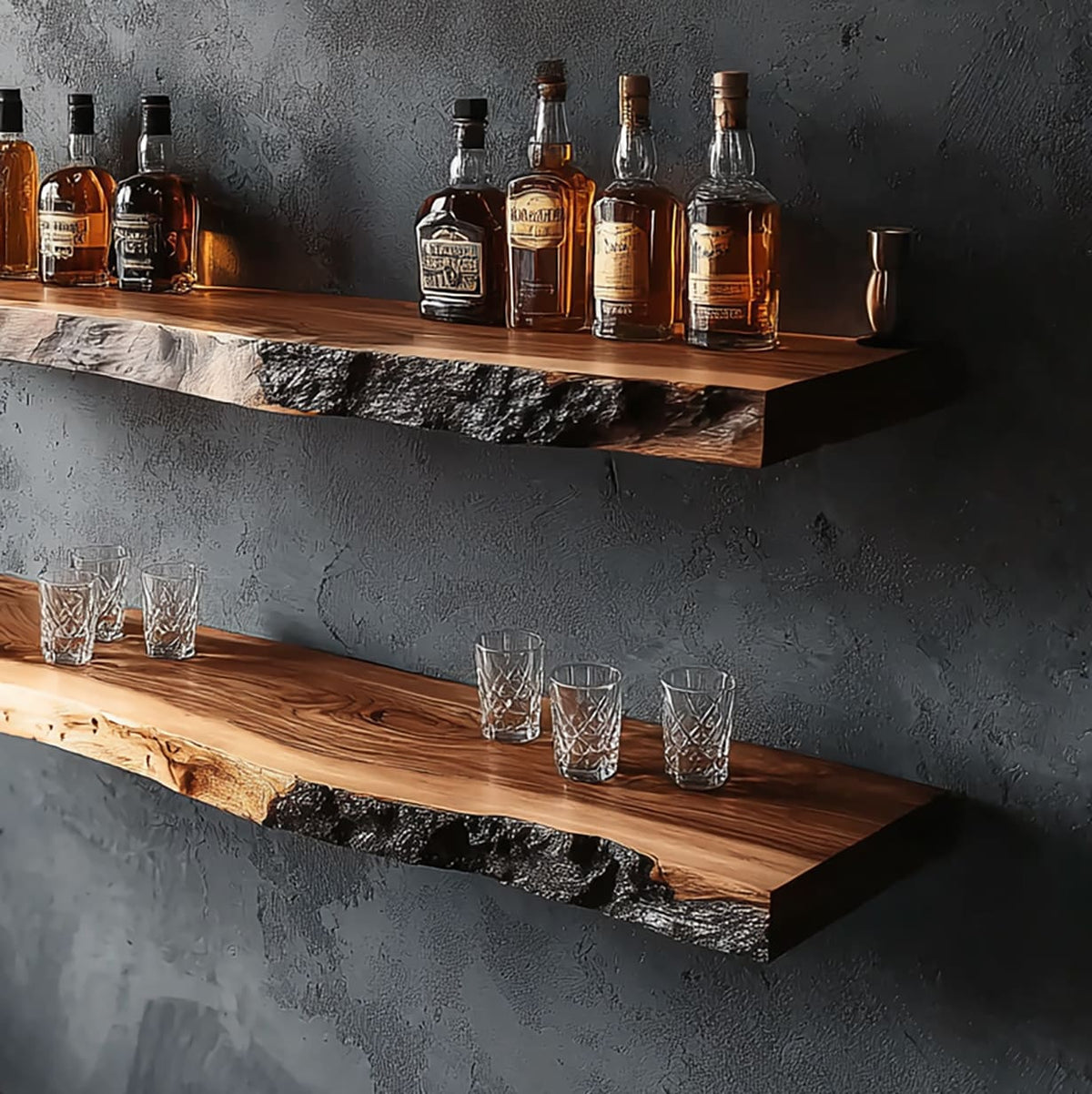 Handgemachtes Wandregal-Set aus Massivholz für Whisky und Gläser