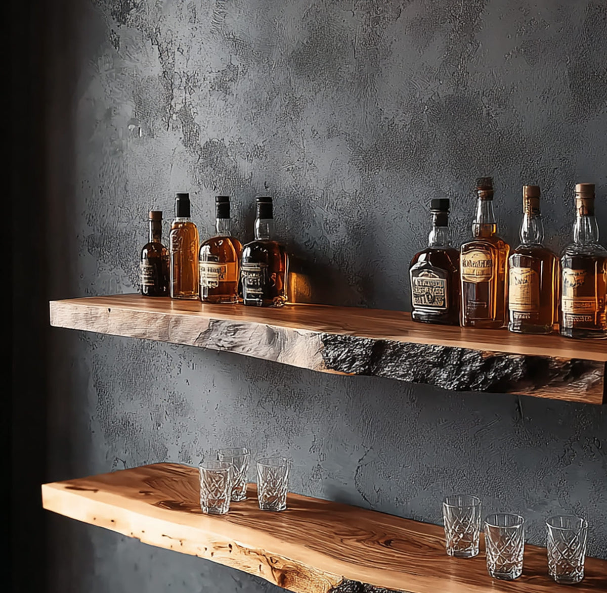 Moderne Baumkanten-Whisky-Schauregale aus Massivholz