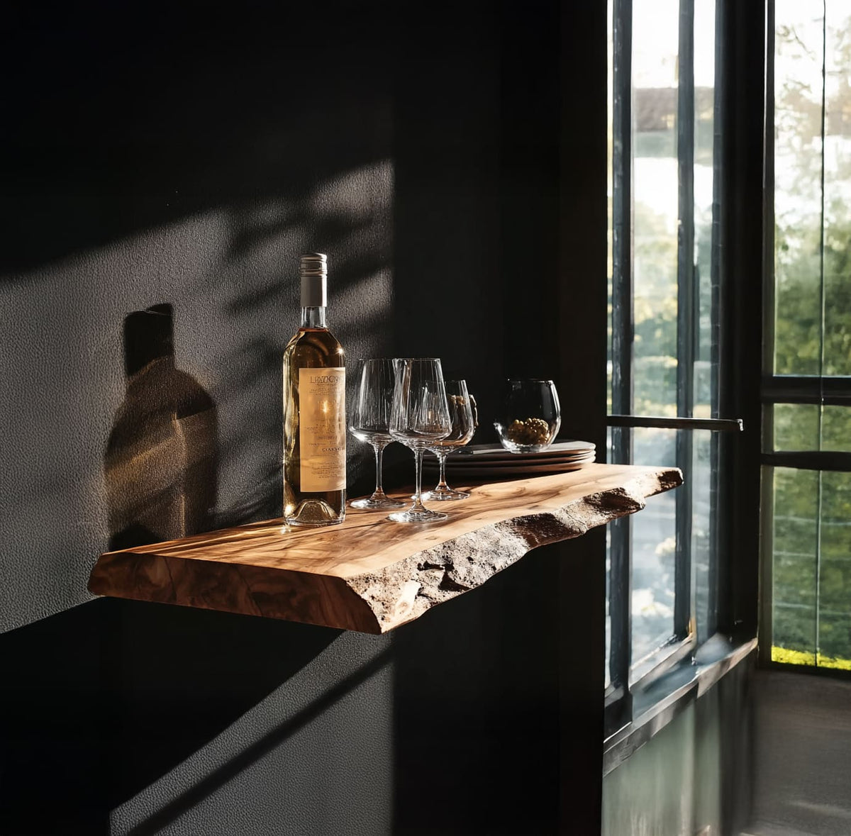 Handgefertigtes Wand-Weinregal mit Flaschen und Gläsern in einer Hausbar
