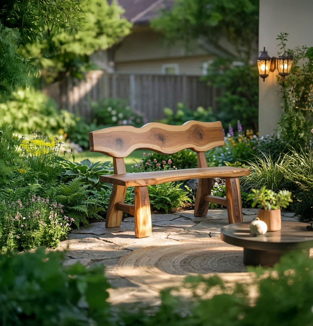 Baumkanten-Gartenbank aus Nussbaum, gestylt in einem angelegten Hinterhof