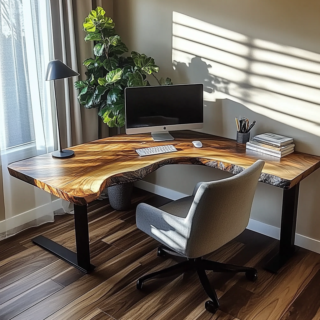 Baumkanten-Schreibtisch in L-Form mit Metallbeinen fürs Homeoffice