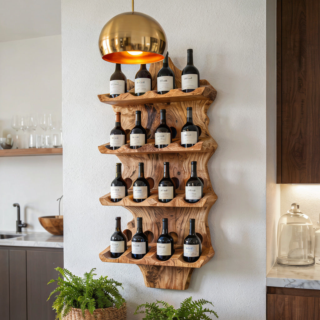 Rustikales Wand-Weinregal aus Massivholz, das einen gemütlichen Essbereich aufwertet