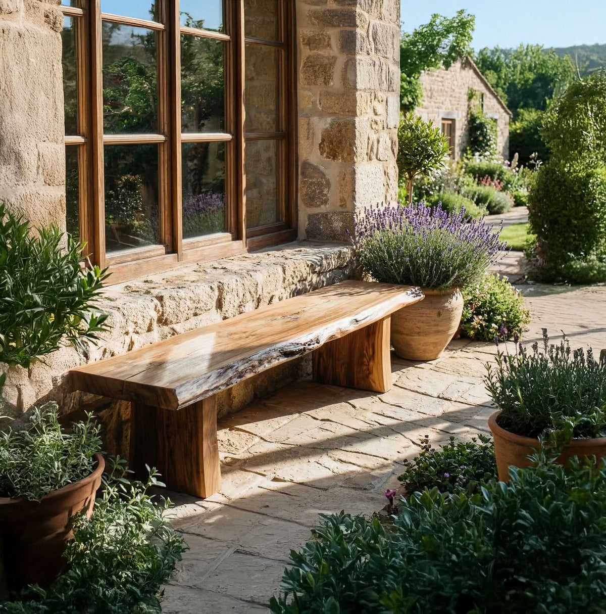Bank aus massivem Nussbaum, präsentiert auf einer überdachten Terrasse mit organisch-modernem Outdoor-Dekor