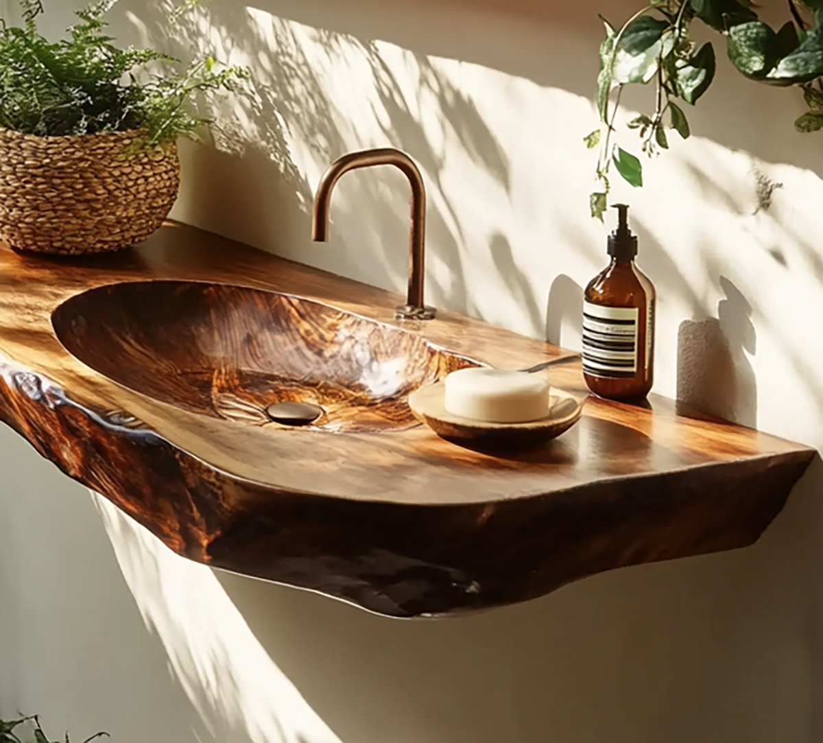 Schwebender Holz-Waschtisch mit natürlichem Baumkanten-Detail