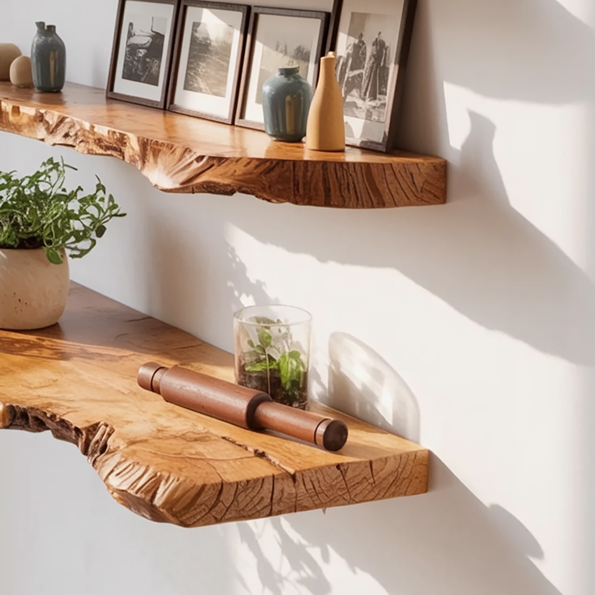 Handgefertigtes schwebendes Holzregal mit natürlicher Baumkante