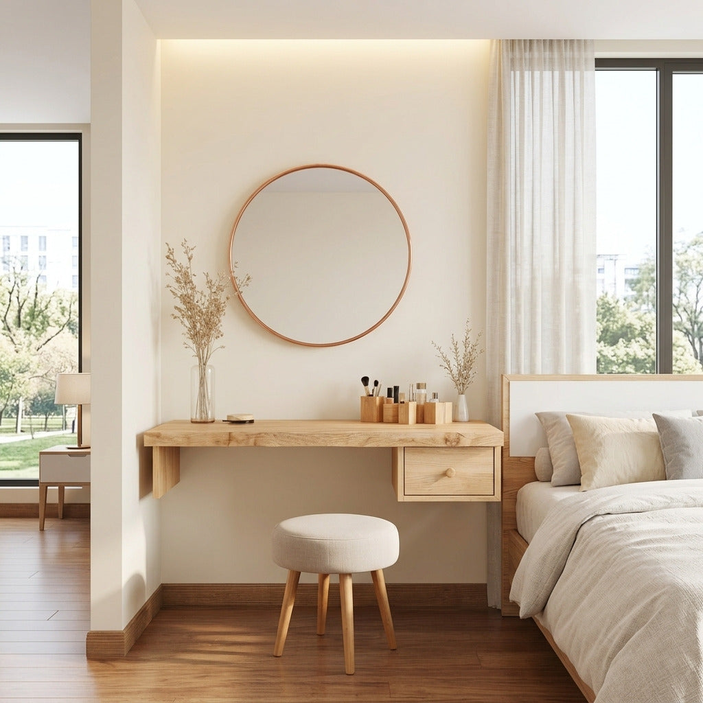 Natürlicher schwebender Baumkanten-Schreibtisch aus Massivholz in einem minimalistischen Schlafzimmer