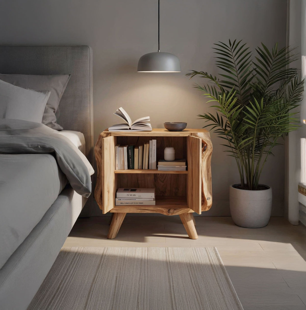 Nachttisch aus Massivholz mit Schrank, präsentiert in einem zeitgenössischen Schlafzimmer