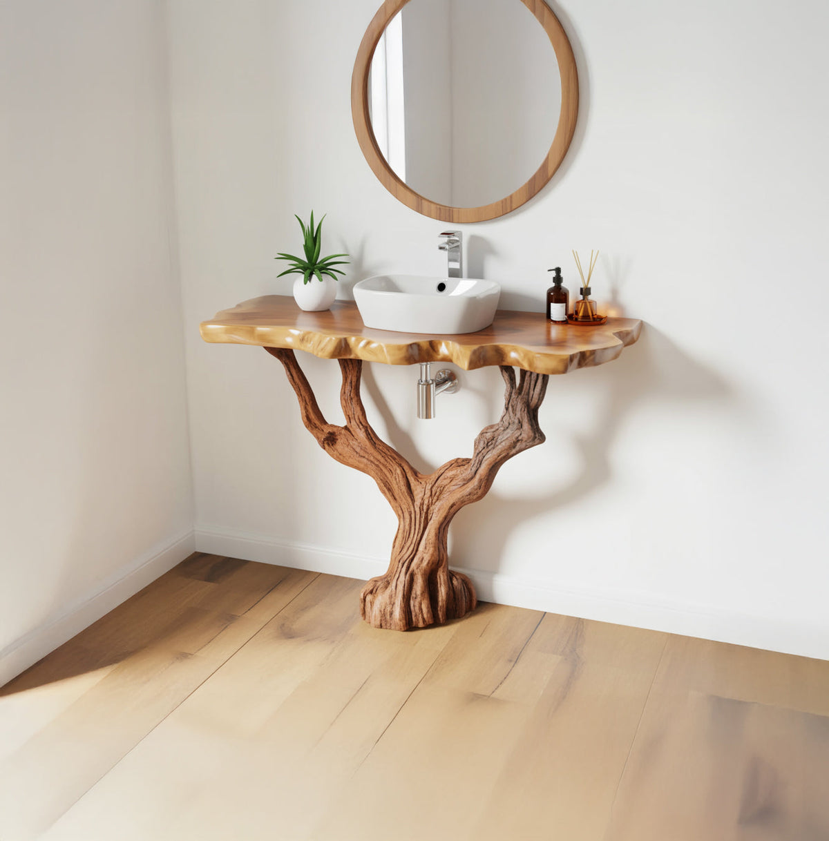 Baumkanten-Waschtisch aus Massivholz im skulpturalen Baumfuß-Design