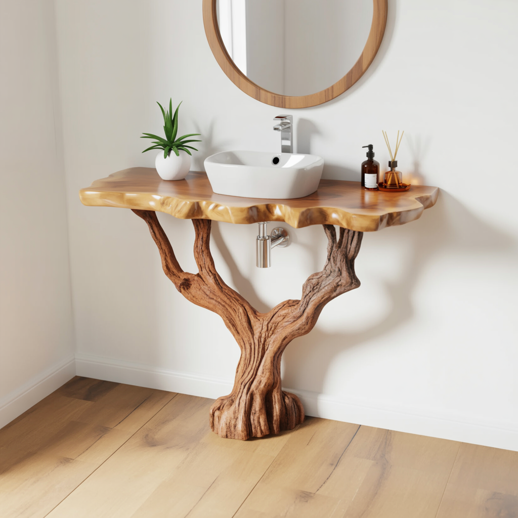 Skulpturale Badezimmerkonsole mit vom Baum inspiriertem Holzfuß