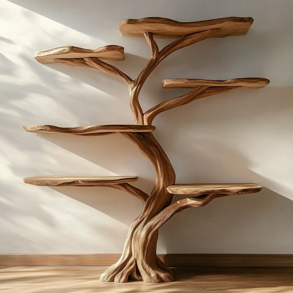 Künstlerisches Baum-Bücherregal aus Massivholz zur Präsentation von Büchern und Deko