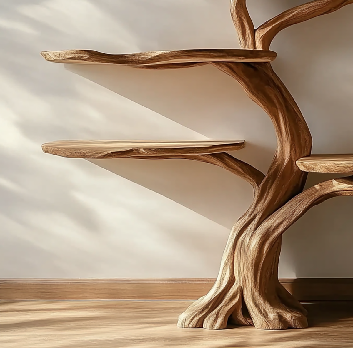 Skulpturales Holz-Baum-Bücherregal mit Baumkanten-Ästen