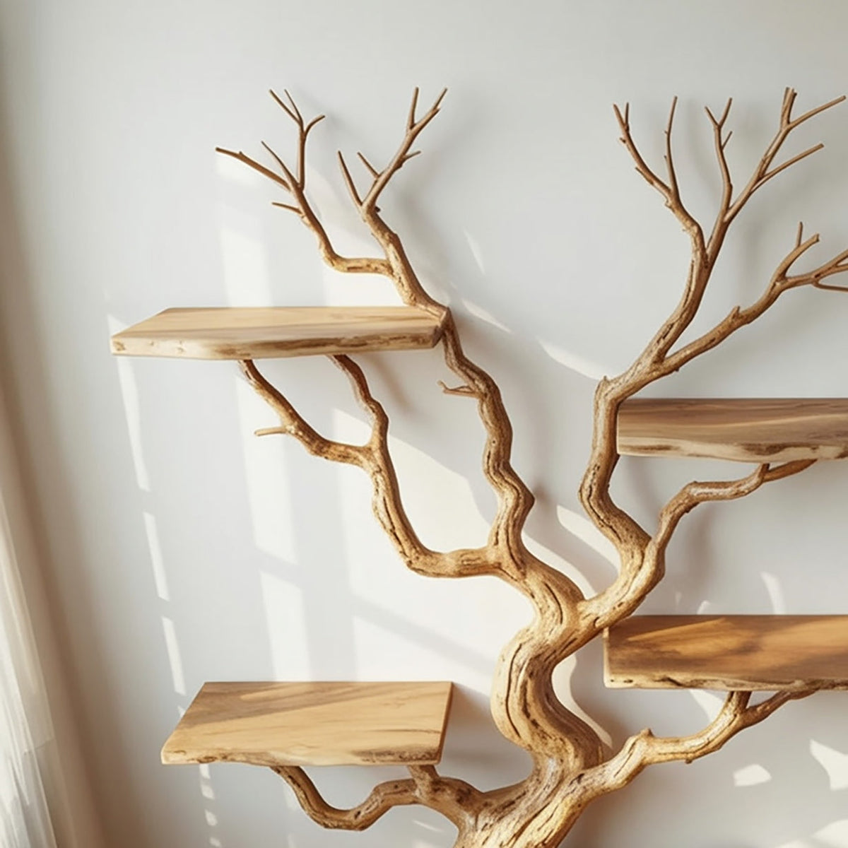 Biophiles Bücherregal mit skulpturalen Astdetails und natürlicher Holzmaserung