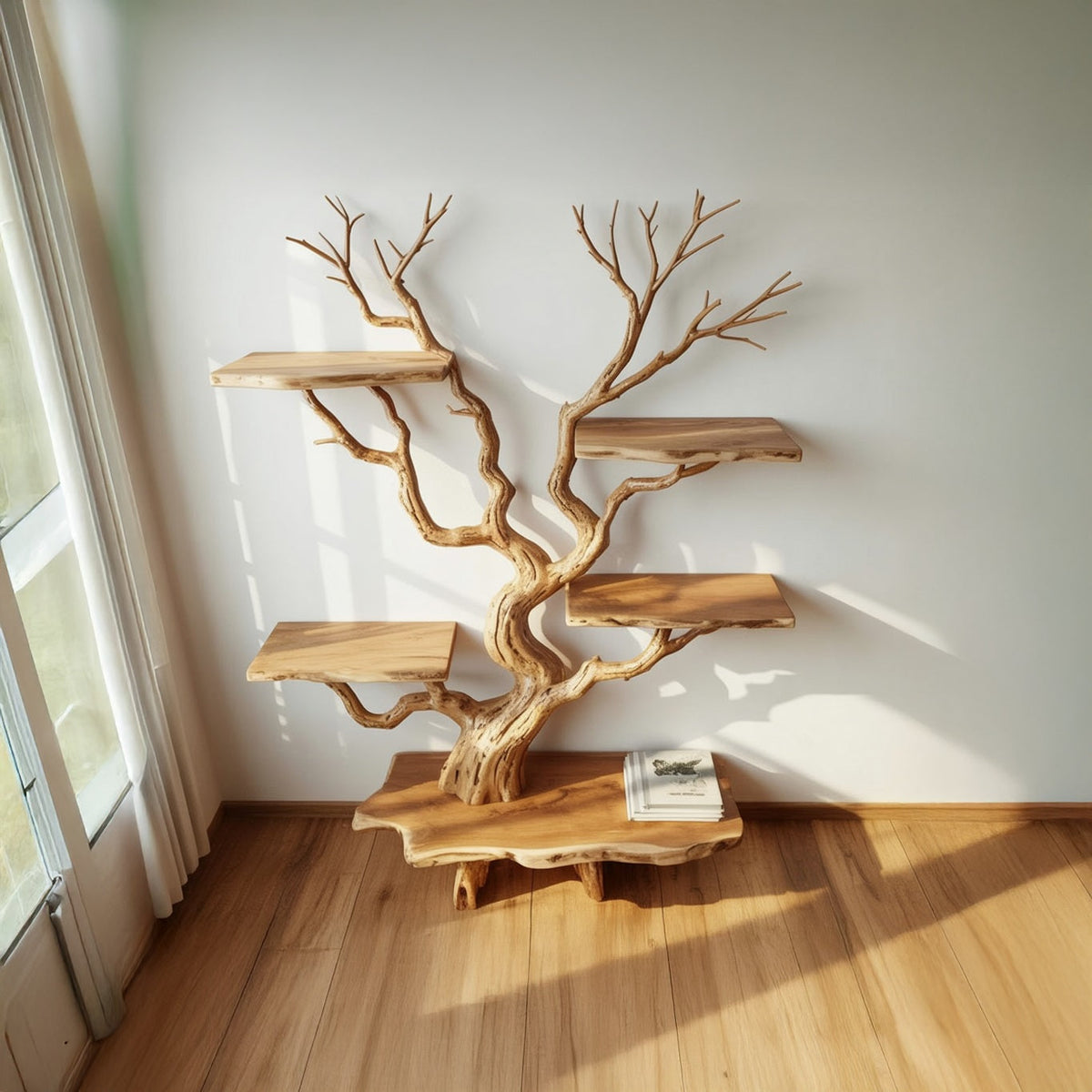 Handgefertigtes Baum-Bücherregal aus Massivholz, präsentiert in einem modernen Wohnzimmer