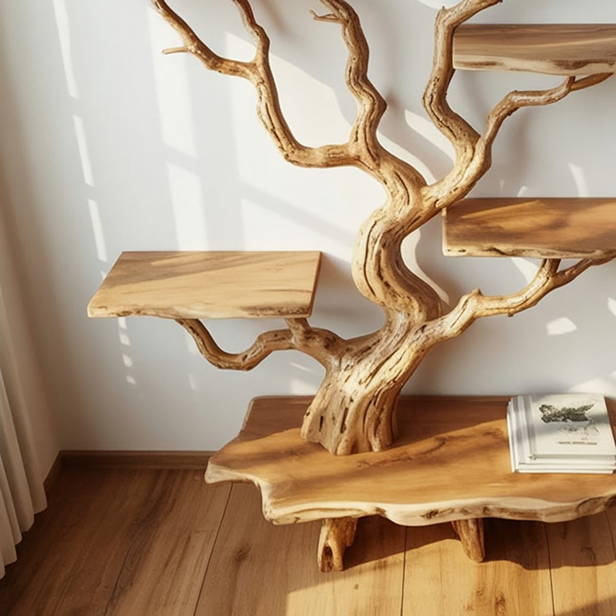 Baum-Bücherregal aus Massivholz in der Nahaufnahme mit natürlicher Maserung und Baumkanten-Regalen