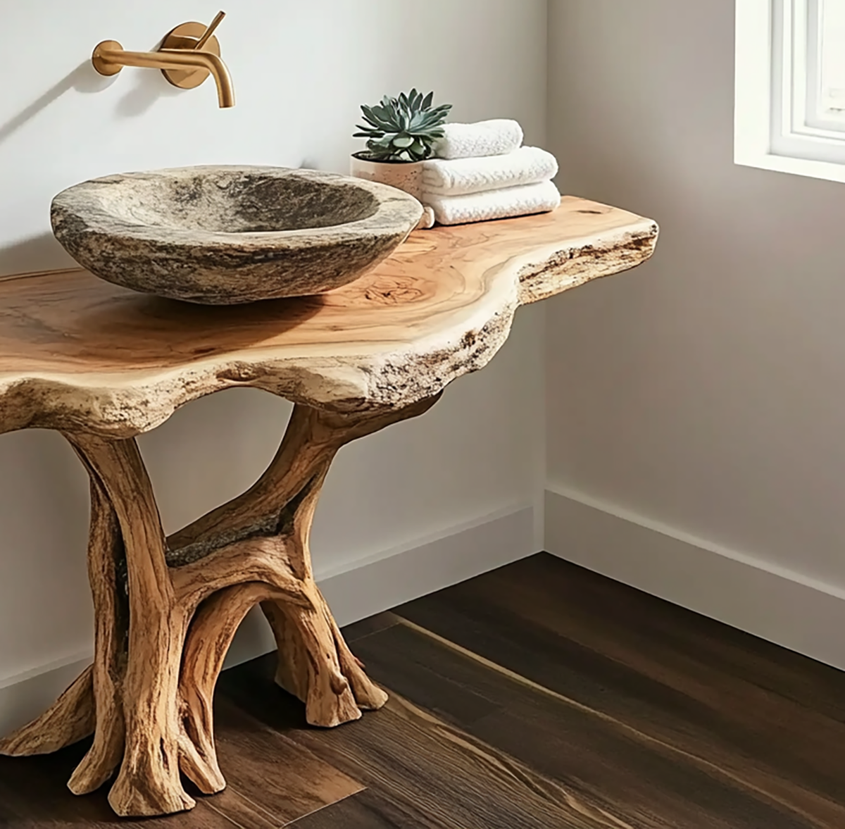 Handgefertigter Holz-Couchtisch mit natürlicher Baumkante und Maserung