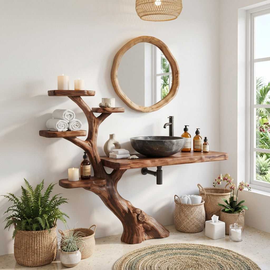 Baumkanten-Waschtischunterbau aus Massivholz in einem modernen Badezimmer