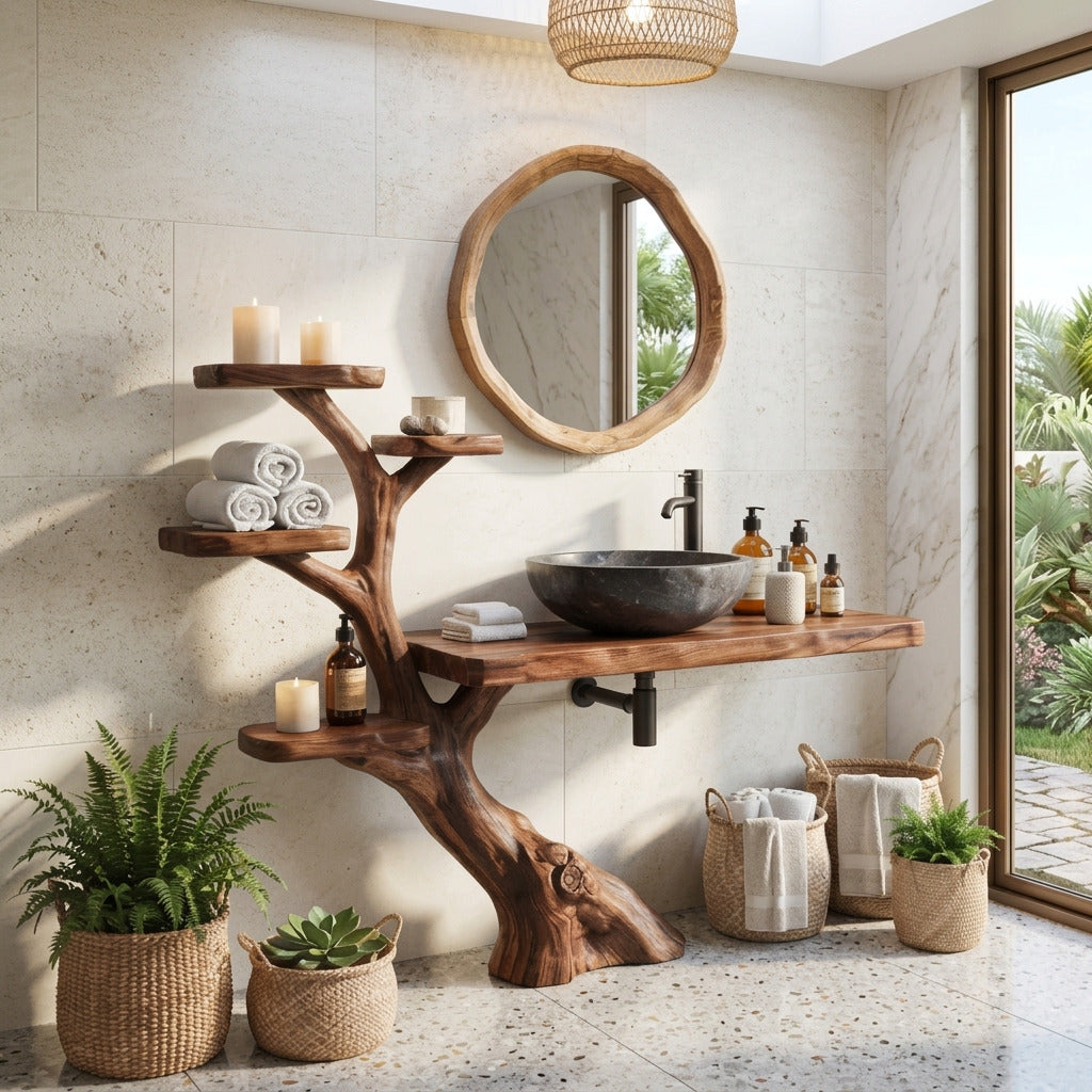 Rustikaler Baumkanten-Waschtischunterbau aus Holz in einem Spa-inspirierten Badezimmer