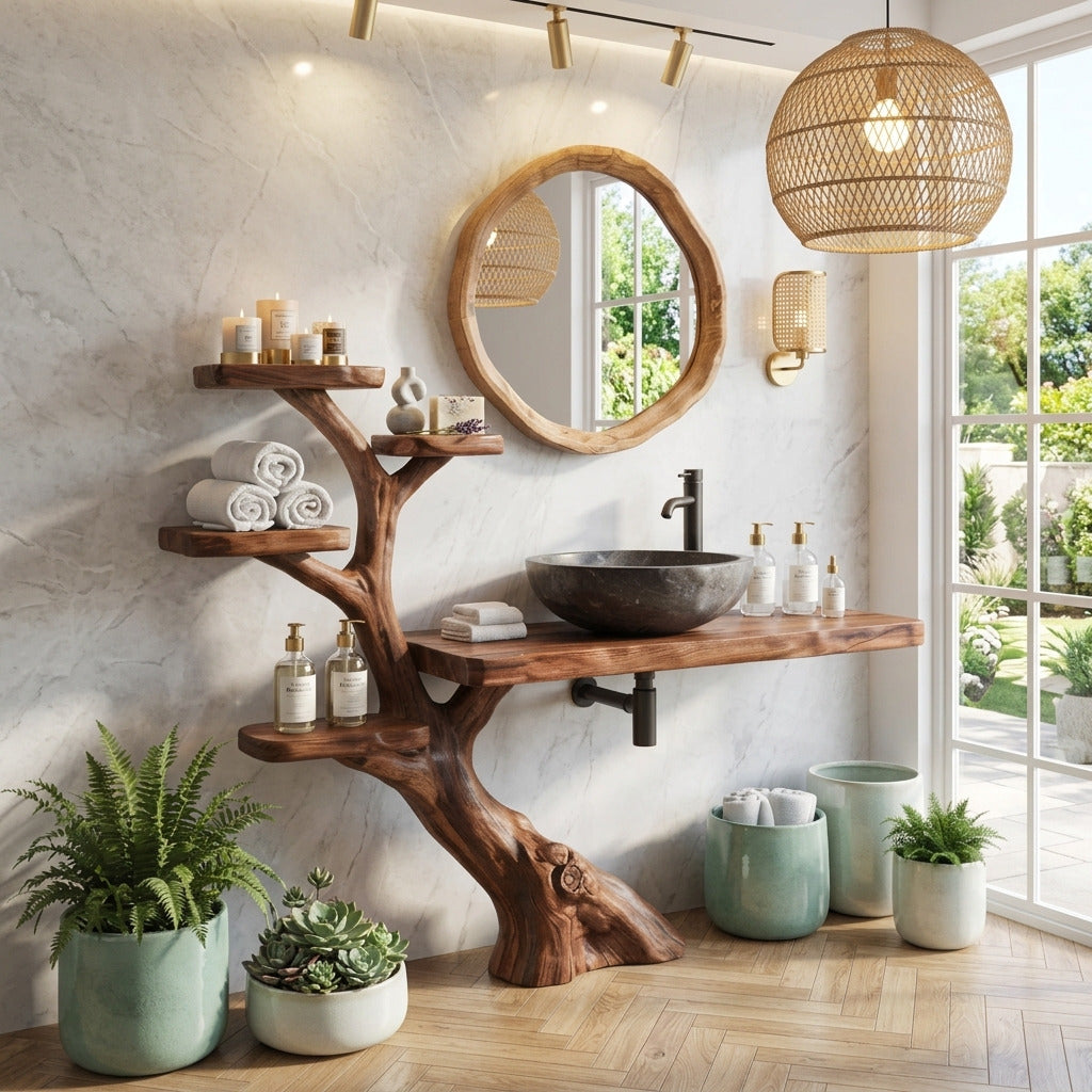 Handgefertigter Baumwurzel-Waschtischunterbau, der ein minimalistisches Badezimmer aufwertet
