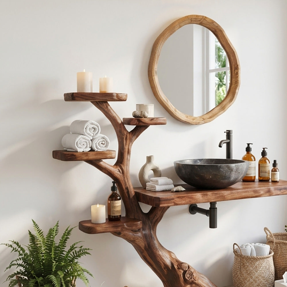 Handgefertigter Waschtischunterbau aus Massivholz im Baumwurzel-Design