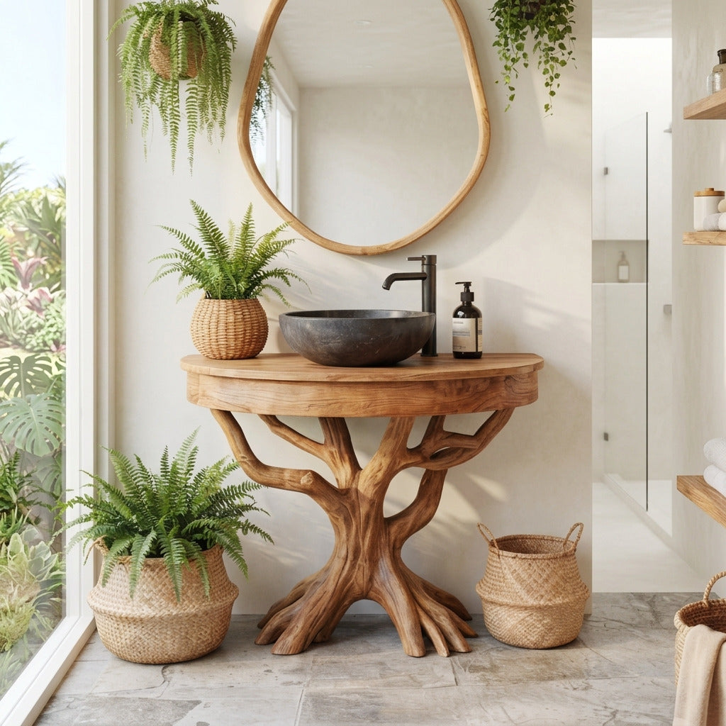 Baumwurzel-Waschtisch aus Massivholz für ein Aufsatzbecken in einem minimalistischen Badezimmer