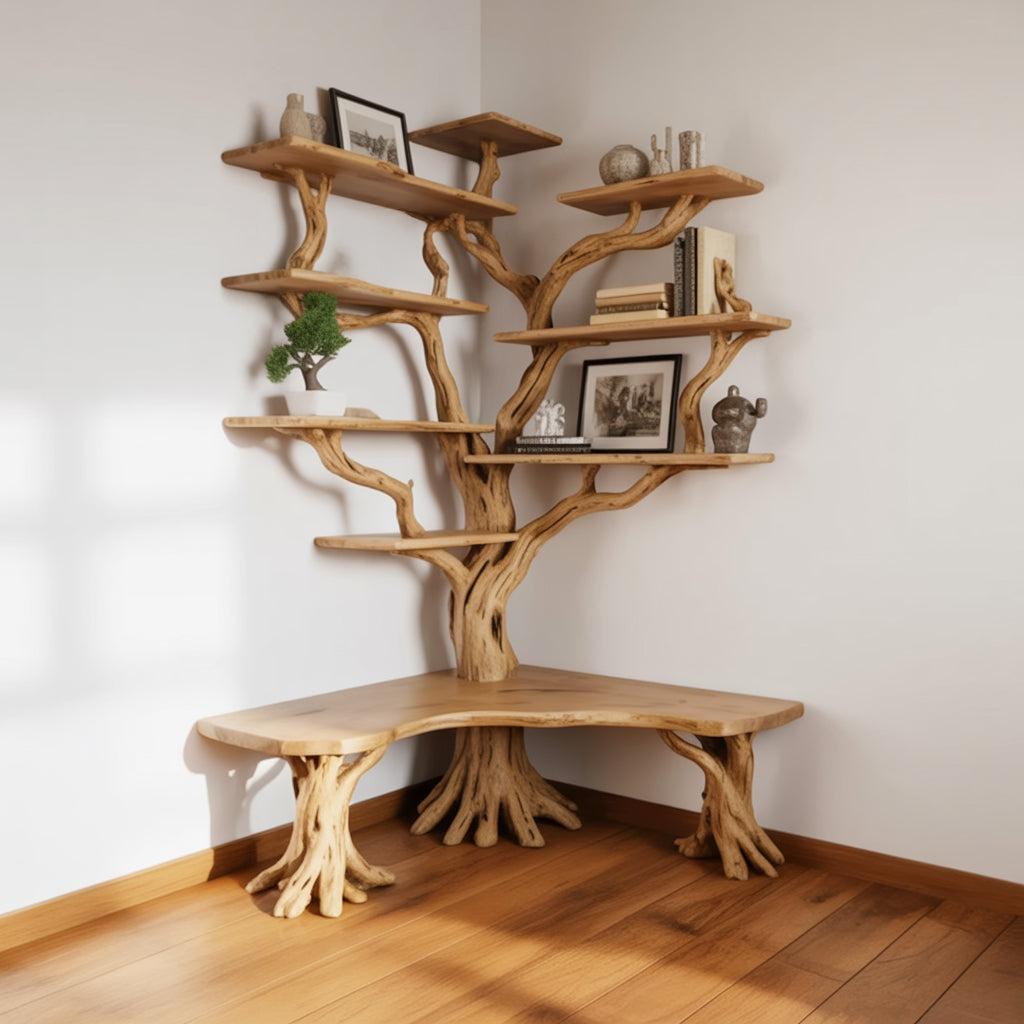 Baumkanten-Eckbücherregal in Baumform aus Massivholz