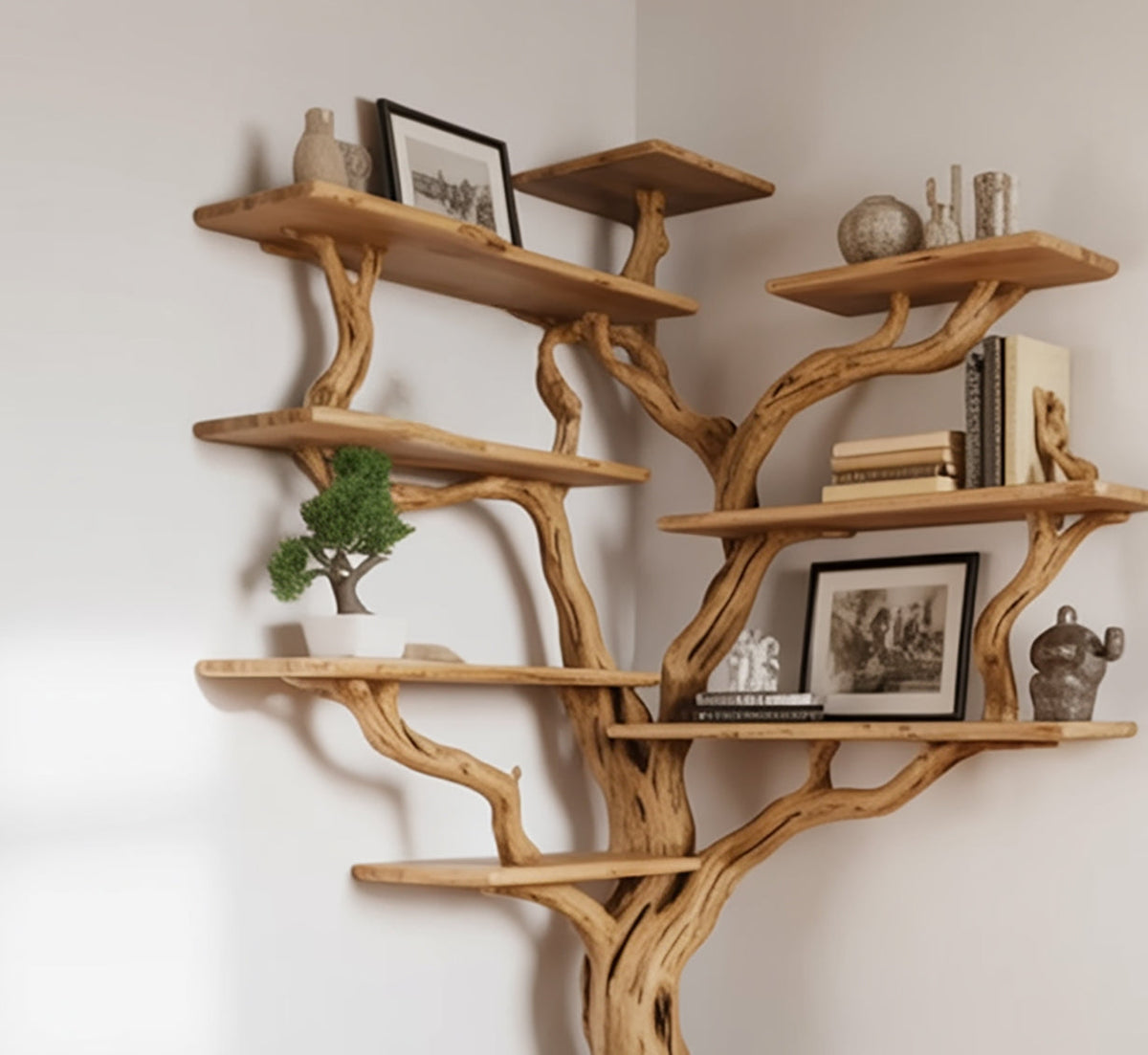 Skulpturales Eck-Baumregal aus Holz