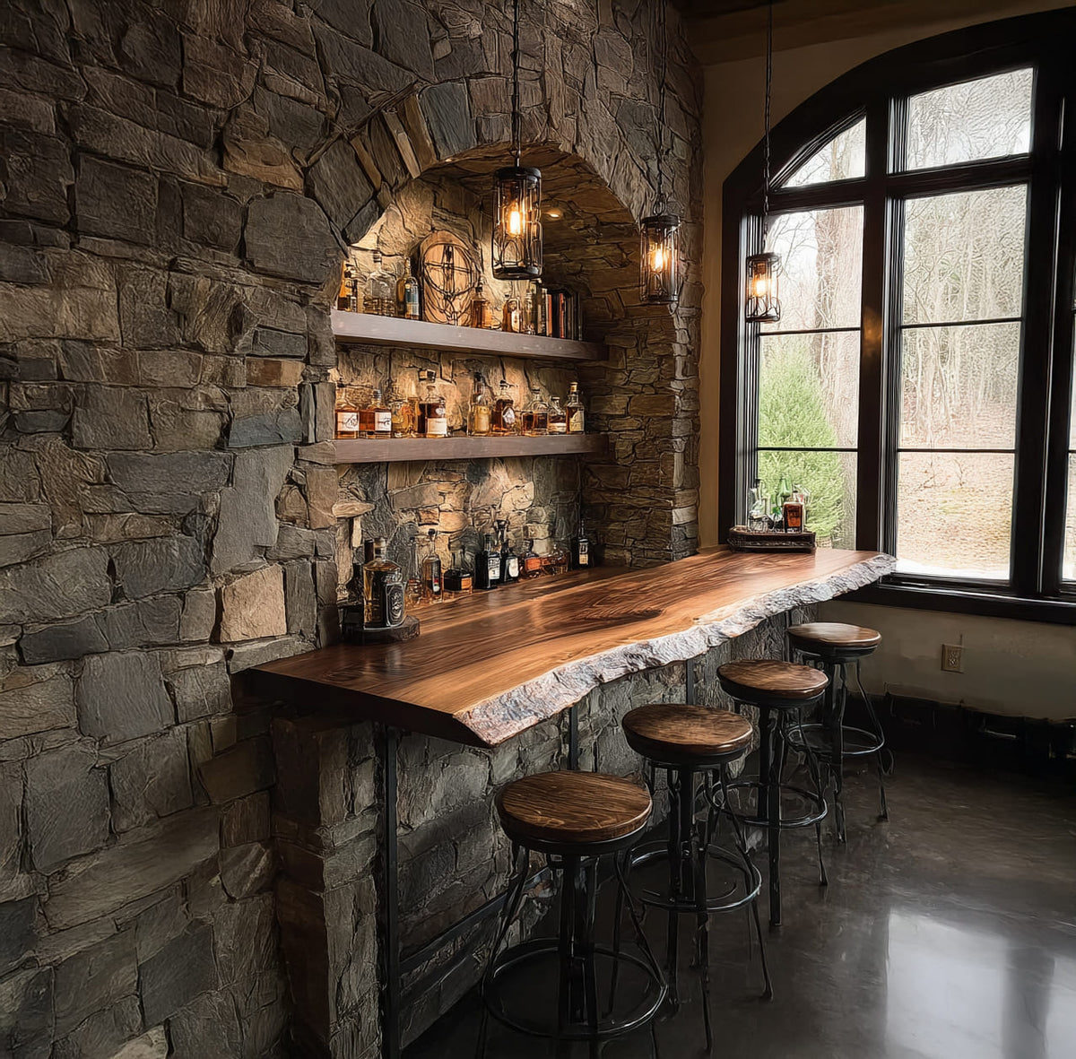 Wandmontierter schwebender Bartisch aus Naturmassivholz mit Industrial-Barhockern