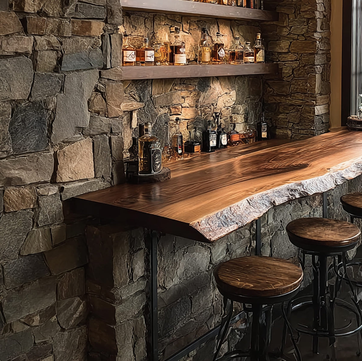 Schwebender Baumkanten-Bartisch aus Massivholz und handgemachter Wandregal-Tisch in einer rustikalen Hausbar