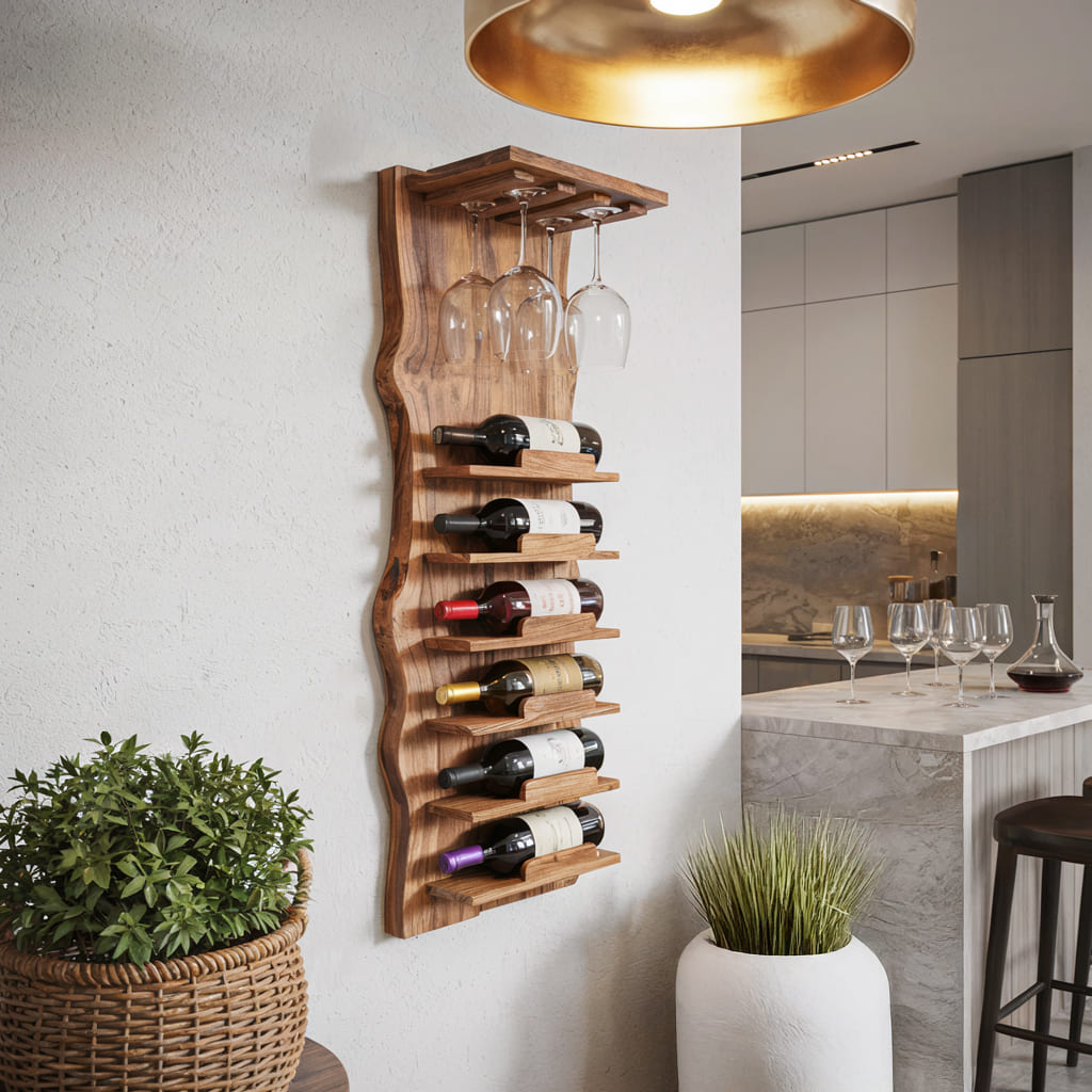 Rustikales Baumkanten-Weinregal zur Wandmontage aus Massivholz