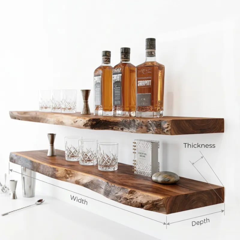 Schwebendes Baumkanten-Barregal – Handgefertigte Präsentation für Whisky & Gläser