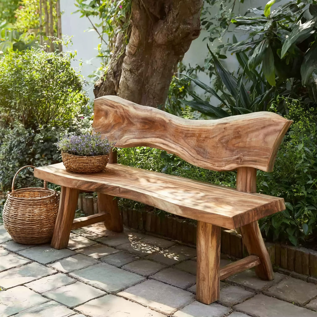 Baumkanten-Gartenbank mit Rückenlehne, handgefertigt aus hochwertigem Massivholz