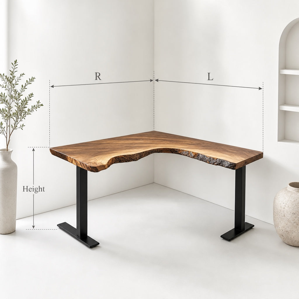 Baumkanten-Schreibtisch in L-Form mit Metallbeinen fürs Homeoffice