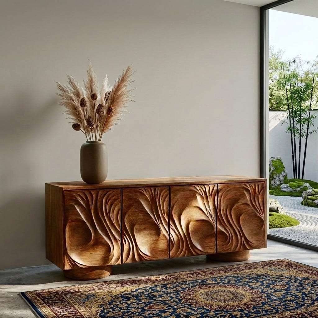 Luxuriöses Sideboard aus hochwertigem Massivholz mit skulptierten Türen