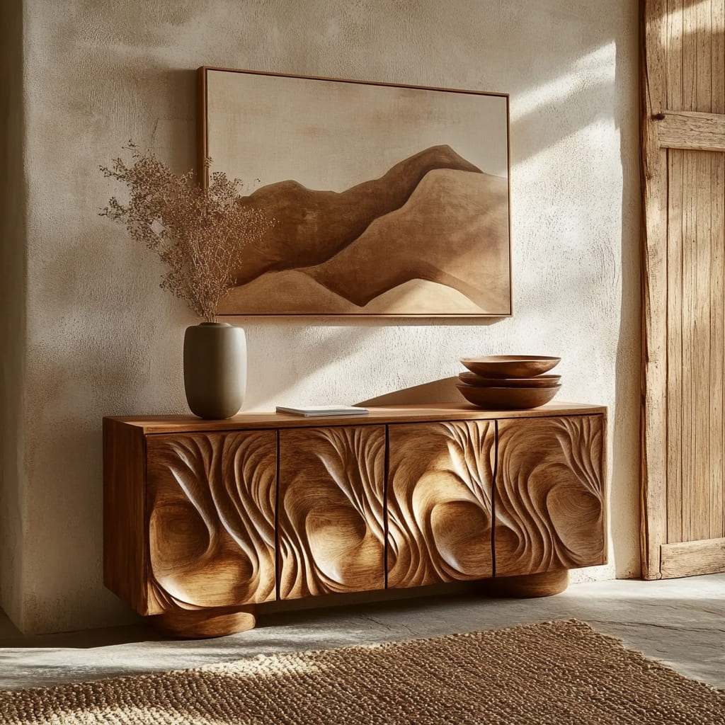 Organisch-modernes Sideboard aus Massivholz, präsentiert in einem eleganten Wohnbereich