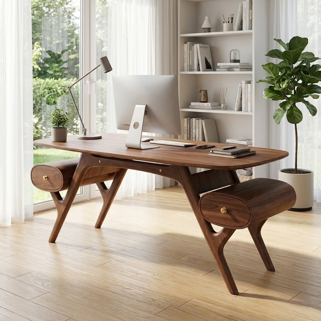 Mid-Century-Chefschreibtisch aus Massivholz mit skulptiertem Bockfuß in einem modernen Homeoffice