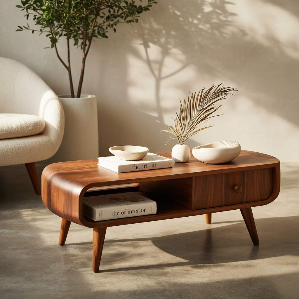 Mid-Century-Modern-Couchtisch aus Massivholz in einem weihnachtlichen Wohnzimmer