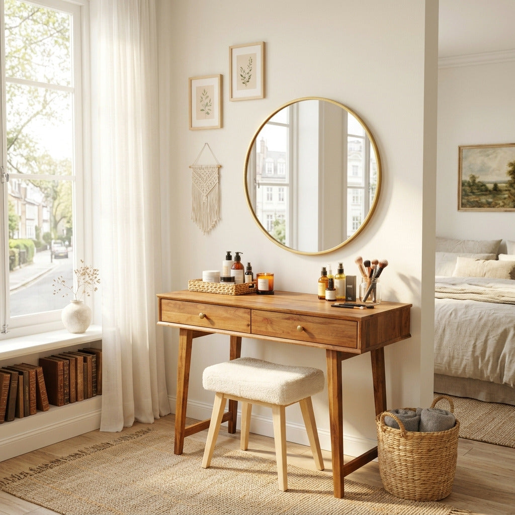 Mid-Century-Schminktisch aus Massivholz in einem zeitgenössischen Interieur