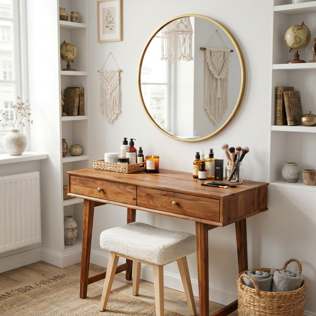 Moderner Schminktisch aus Massivholz mit zwei Schubladen in einem minimalistischen Zuhause