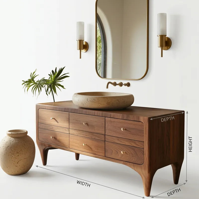 Freistehende Mid-Century-Waschtischkonsole aus Massivholz