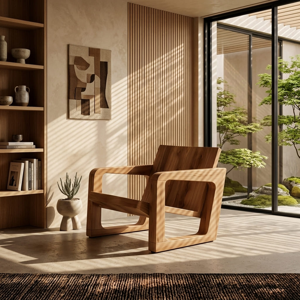 Chaiselongue aus Massivholz, präsentiert in einer zeitgenössischen Leseecke mit natürlichem Licht