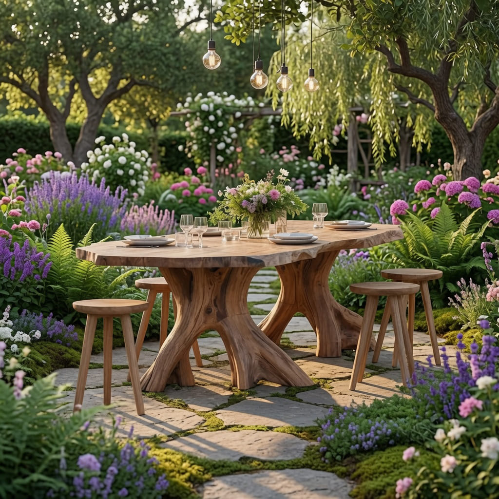 Mid-Century-Esstisch aus Holz, gestylt in einem eleganten Garten-Essbereich