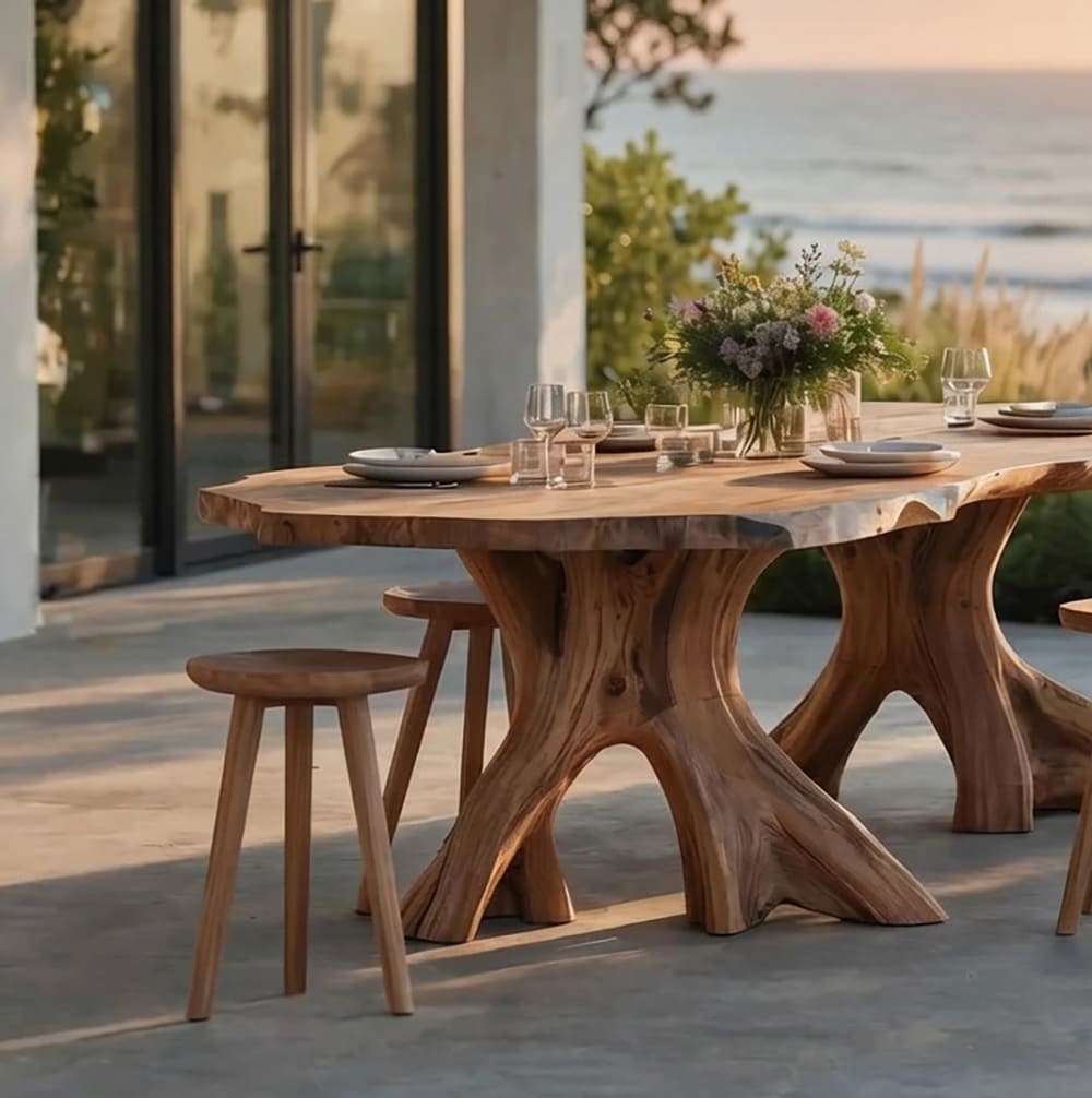 Outdoor-Esstisch aus Massivholz im zeitlosen Mid-Century-Design und mit natürlicher Handwerkskunst